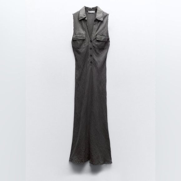 New ZARA LINEN SHIRTDRESS size XS S long Midi 100% linen Sleeveless V-neck dress - Picture 14 of 16